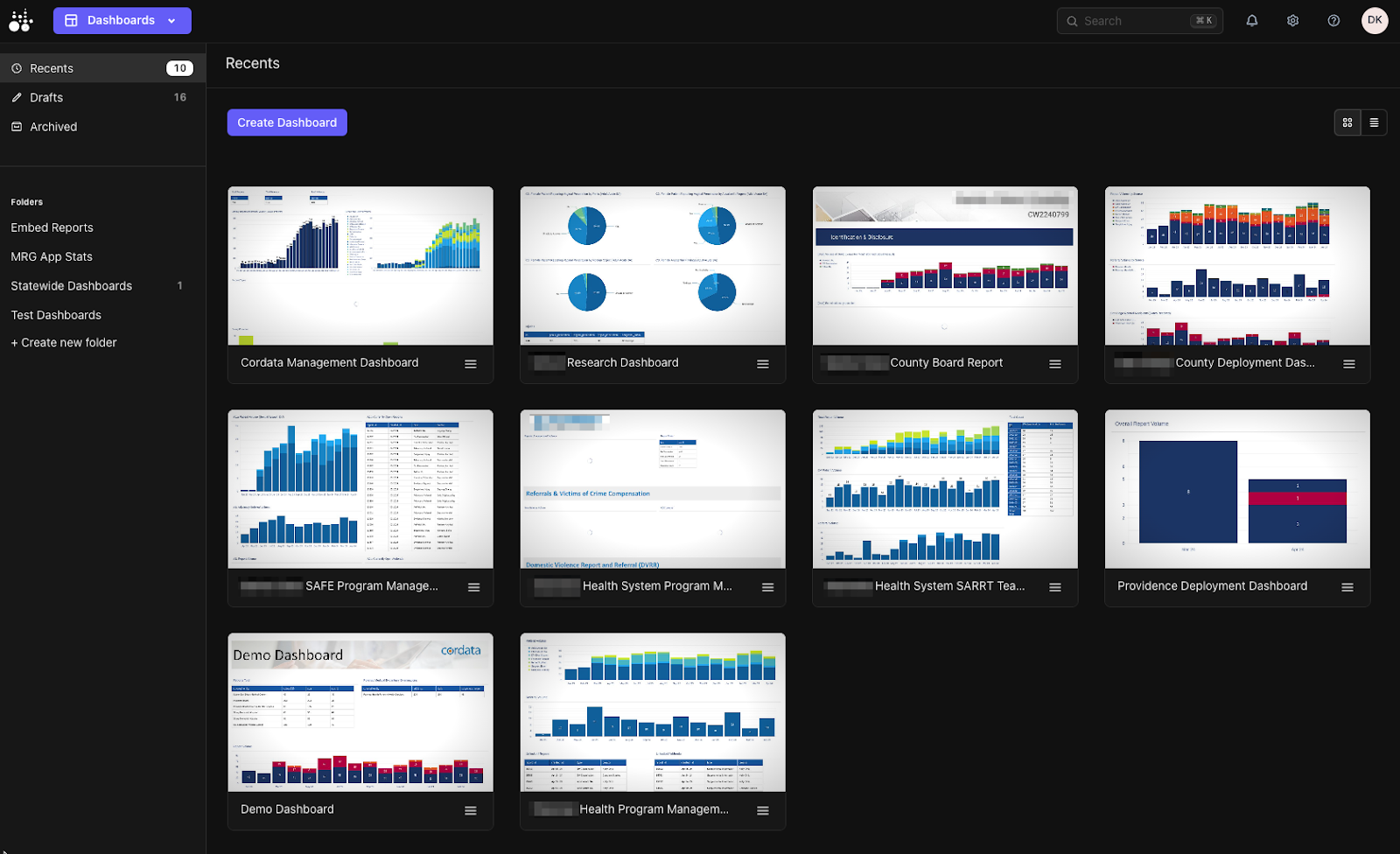 Recently viewed dashboards in Tractorscope