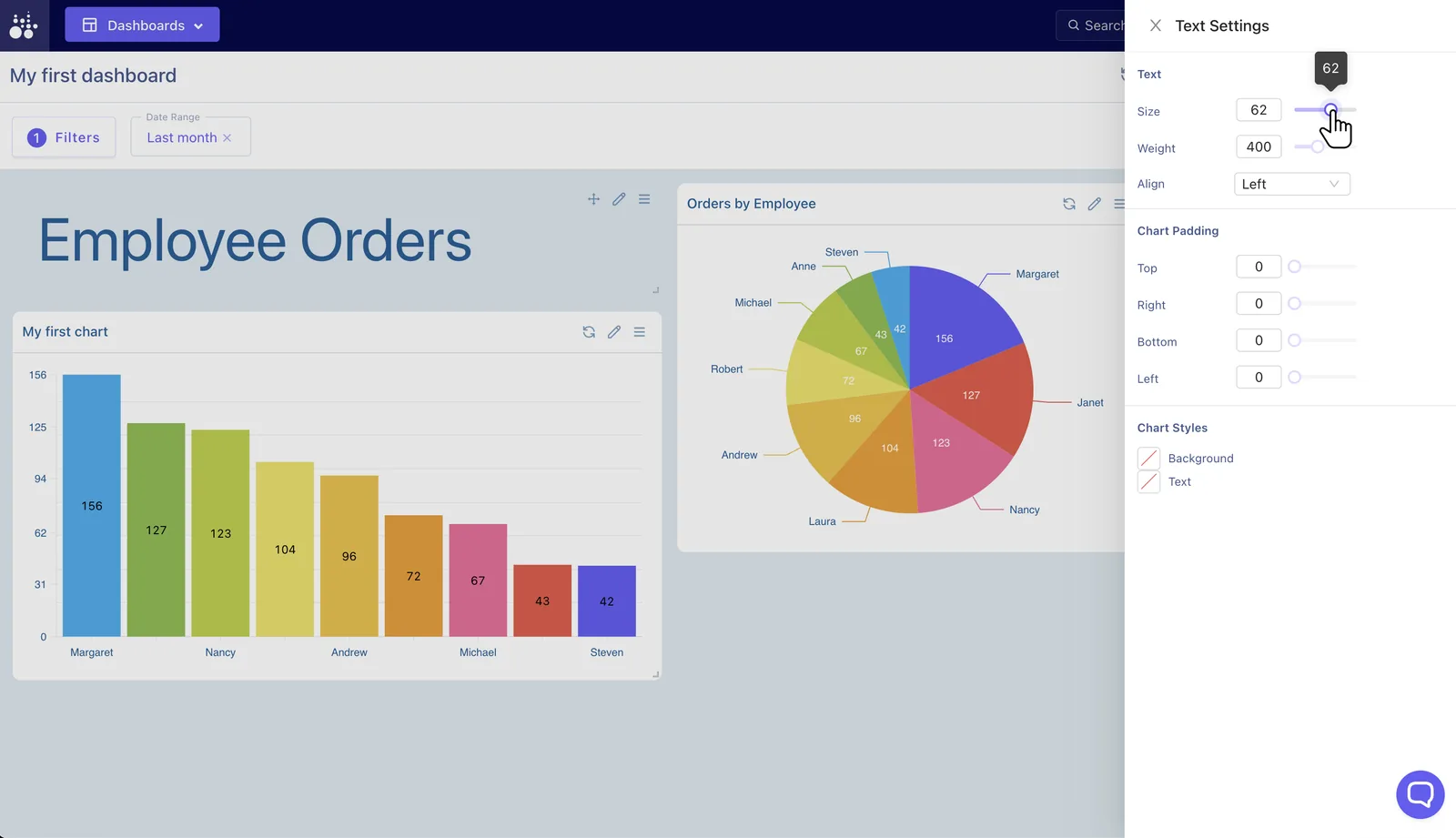 Tractorscope text settings drawer for dashboard text size, weight, alignment, and colors