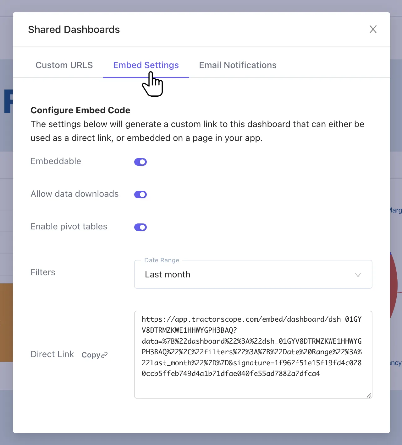 Tractorscope dashboard embed settings with embeddable URL and filter options